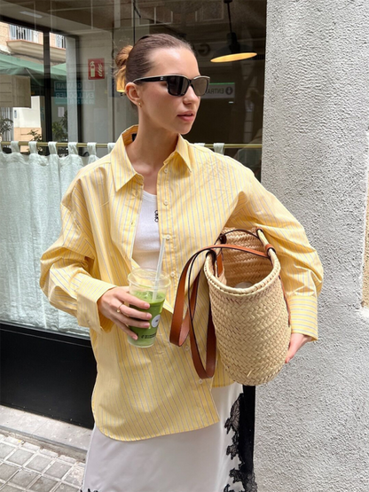 Shirts - Oversized Yellow Blouse Women Striped Shirt with Long Sleeves