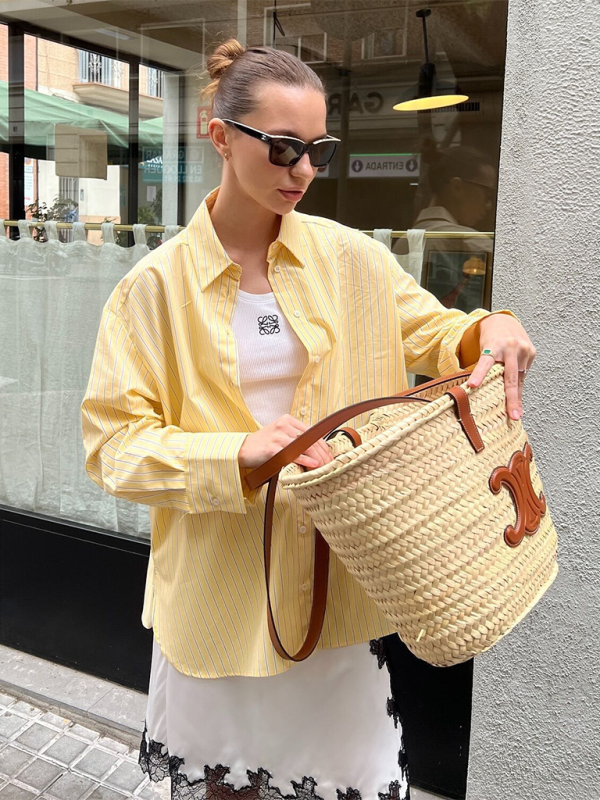 Shirts - Oversized Yellow Blouse Women Striped Shirt with Long Sleeves