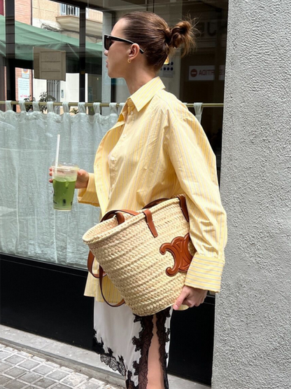 Shirts - Oversized Yellow Blouse Women Striped Shirt with Long Sleeves