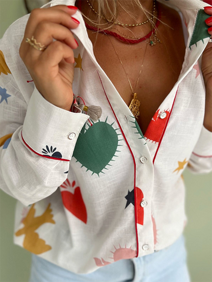 Shirts- Playful Patterned Collared Shirt - Blouse for Art Events- White- Pekosa Women Fashion