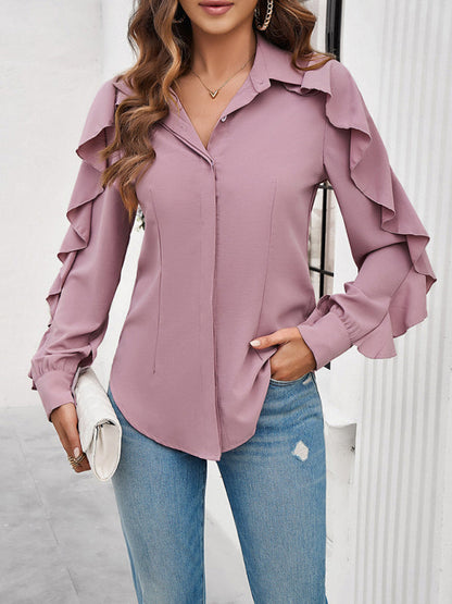 Solid Concealed Placket Blouse with Ruffle Sleeves