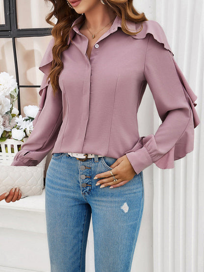 Solid Concealed Placket Blouse with Ruffle Sleeves