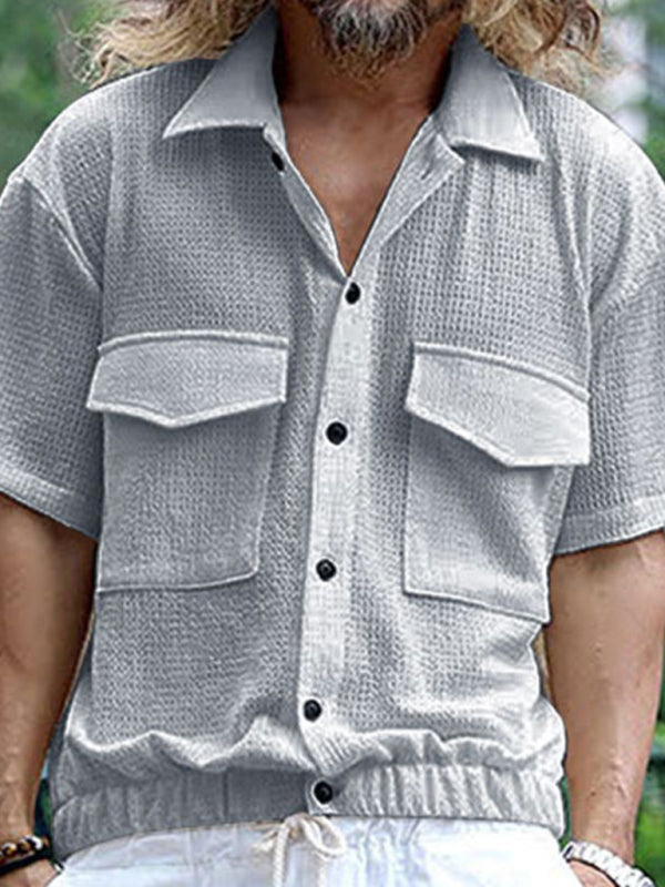 Shirts- Textured Button-Up Flap Shirt for Men with Short Sleeves- Misty grey- Pekosa Women Fashion