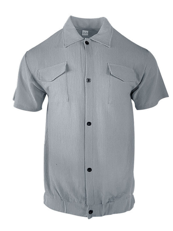 Shirts- Textured Button-Up Flap Shirt for Men with Short Sleeves- - Pekosa Women Fashion