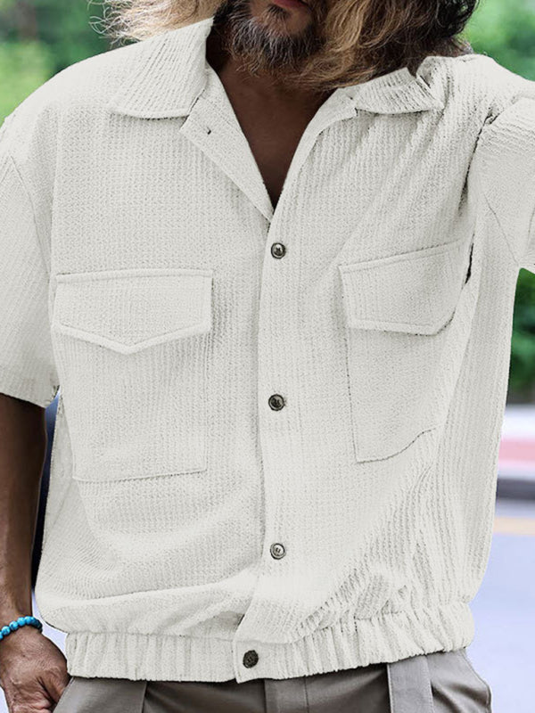 Shirts- Textured Button-Up Flap Shirt for Men with Short Sleeves- - Pekosa Women Fashion