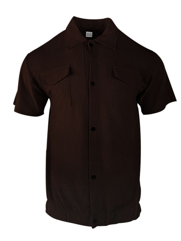 Shirts- Textured Button-Up Flap Shirt for Men with Short Sleeves- - Pekosa Women Fashion