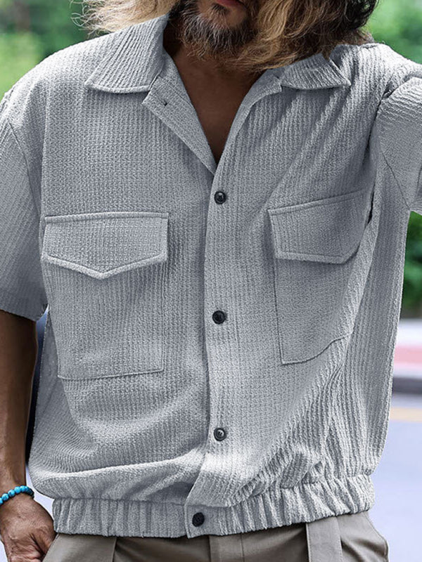 Shirts- Textured Button-Up Flap Shirt for Men with Short Sleeves- - Pekosa Women Fashion