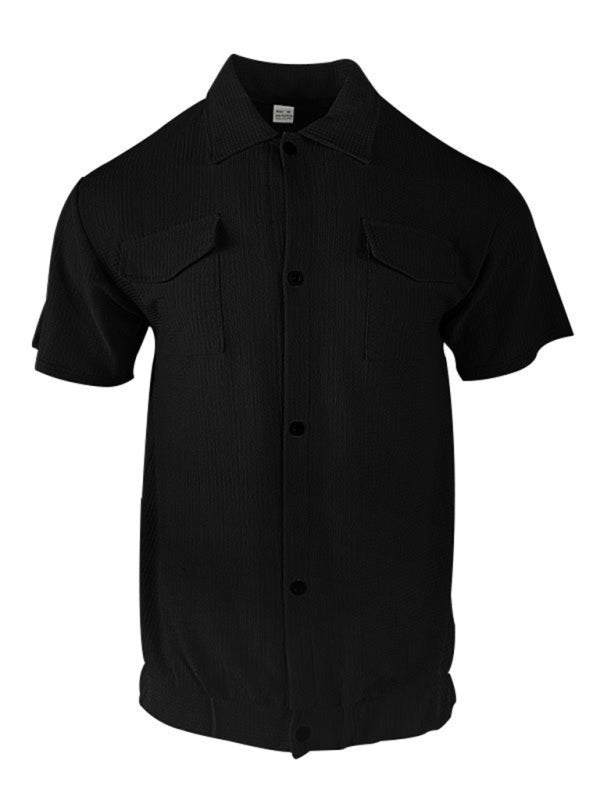 Shirts- Textured Button-Up Flap Shirt for Men with Short Sleeves- - Pekosa Women Fashion