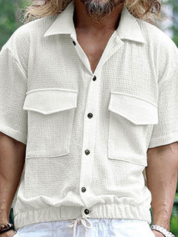 Shirts- Textured Button-Up Flap Shirt for Men with Short Sleeves- White- Pekosa Women Fashion