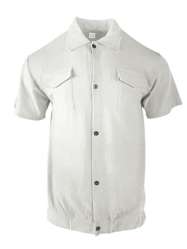 Shirts- Textured Button-Up Flap Shirt for Men with Short Sleeves- - Pekosa Women Fashion