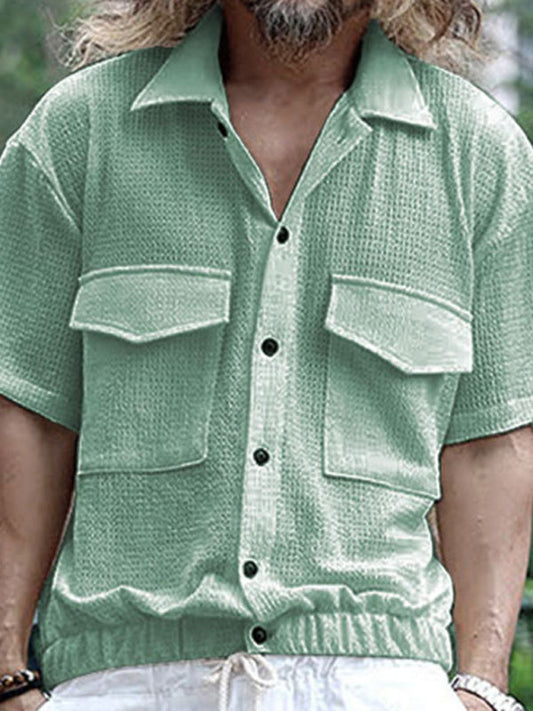 Shirts- Textured Button-Up Flap Shirt for Men with Short Sleeves- Fruit green- Pekosa Women Fashion