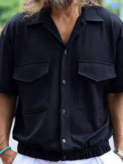 Shirts- Textured Button-Up Flap Shirt for Men with Short Sleeves- Black- Pekosa Women Fashion