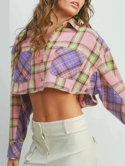 Shirts- Trendy Two-Tone Plaid Crop Shirt for Spring/Autumn- - Chuzko Women Clothing