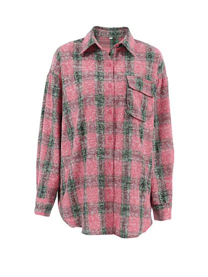 Shirts- Vintage-inspired Pink Plaid Shirt for Women- - Pekosa Women Fashion