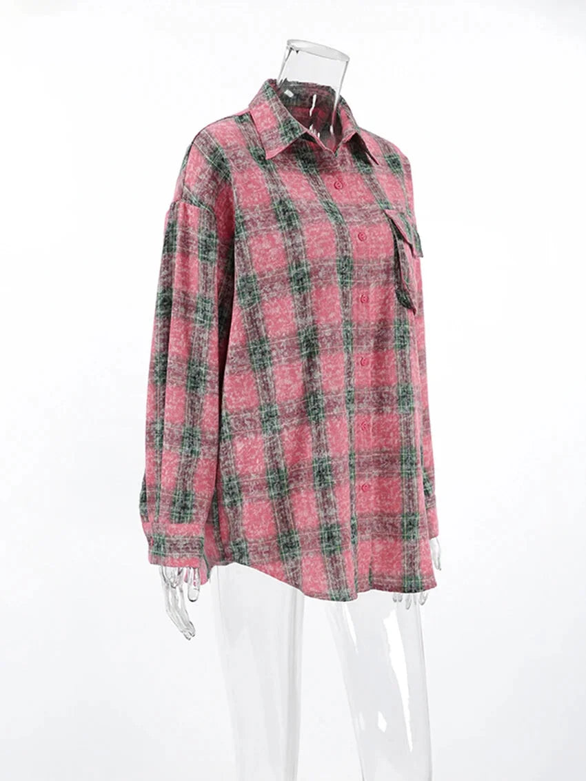 Shirts- Vintage-inspired Pink Plaid Shirt for Women- - Pekosa Women Fashion