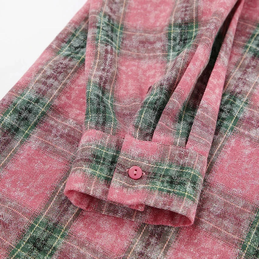 Shirts- Vintage-inspired Pink Plaid Shirt for Women- - Pekosa Women Fashion