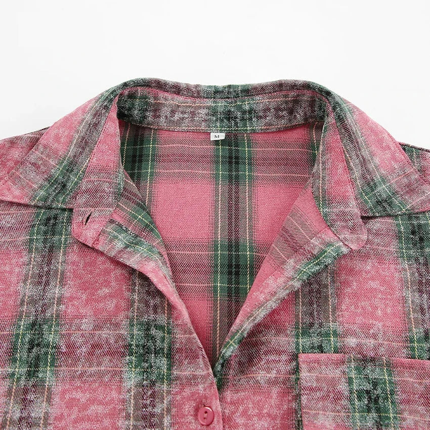 Shirts- Vintage-inspired Pink Plaid Shirt for Women- - Pekosa Women Fashion