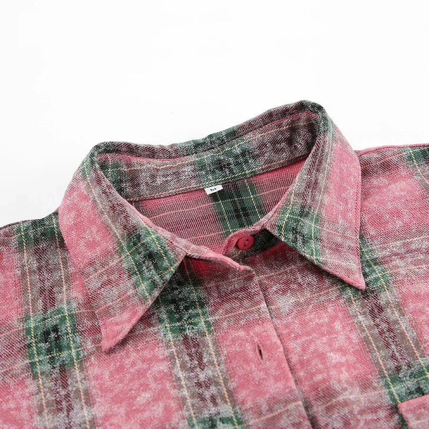 Shirts- Vintage-inspired Pink Plaid Shirt for Women- - Pekosa Women Fashion