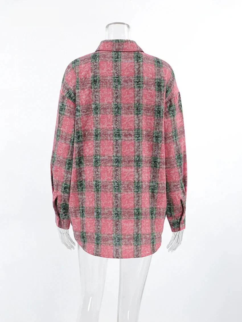 Shirts- Vintage-inspired Pink Plaid Shirt for Women- - Pekosa Women Fashion