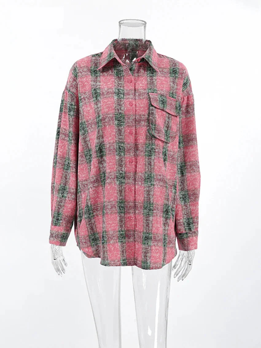 Shirts- Vintage-inspired Pink Plaid Shirt for Women- - Pekosa Women Fashion