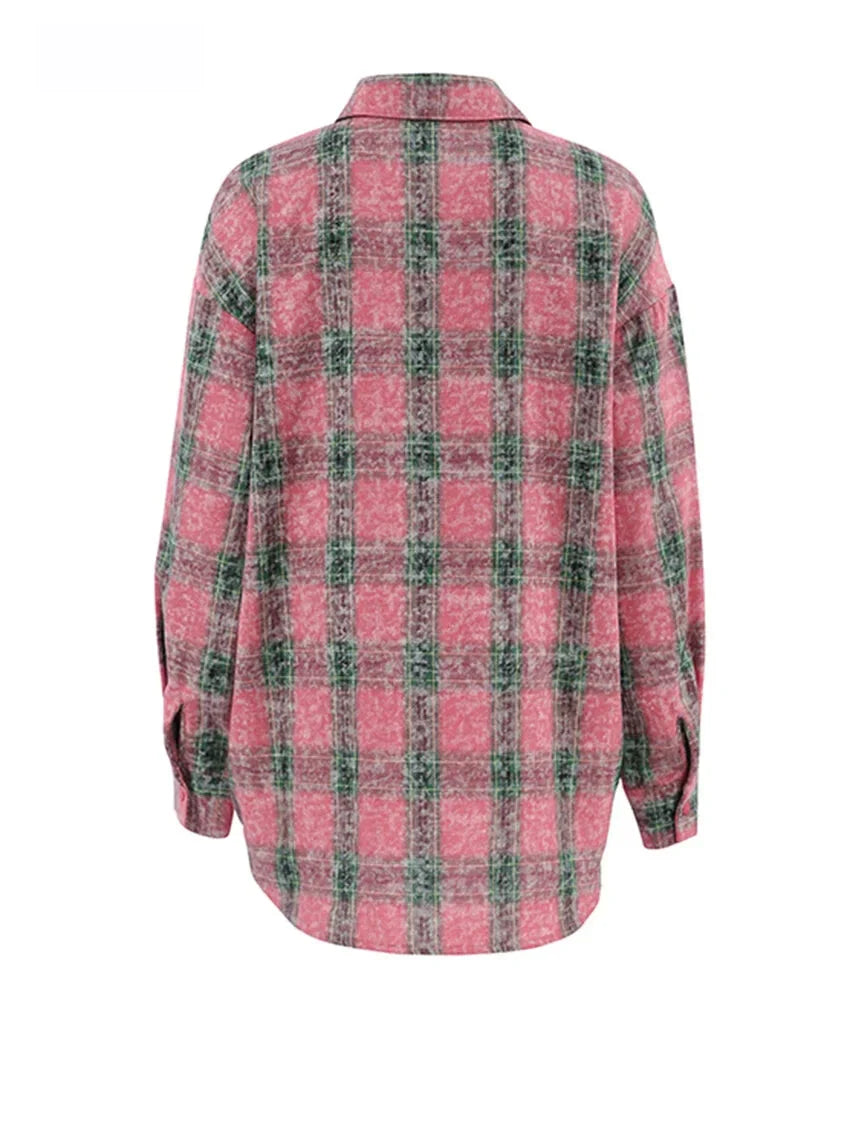 Shirts- Vintage-inspired Pink Plaid Shirt for Women- - Pekosa Women Fashion