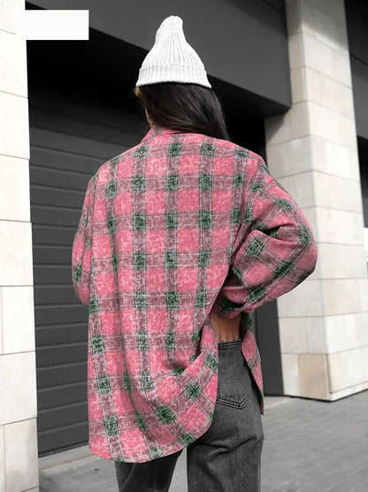 Shirts- Vintage-inspired Pink Plaid Shirt for Women- - Pekosa Women Fashion