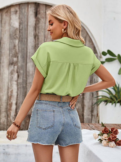 Shirts- Women Button-Up Crop Top - Solid Short Sleeve Shirt- - Pekosa Women Fashion