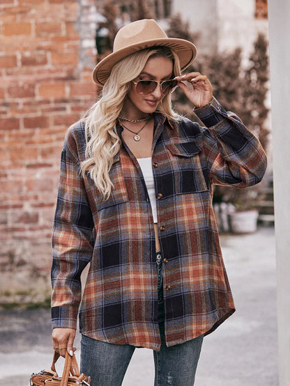 Shirts- Women Classic Plaid Shirt for Casual Fridays- Khaki Black- Pekosa Women Fashion