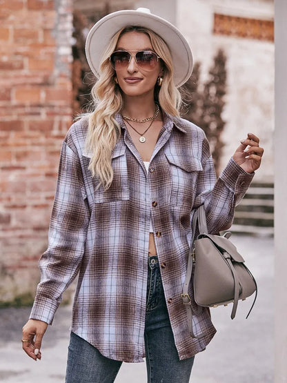 Shirts- Women Classic Plaid Shirt for Casual Fridays- Coffee- Pekosa Women Fashion