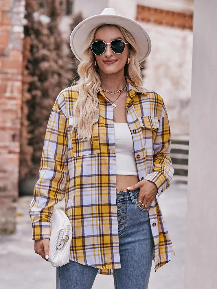 Shirts- Women Classic Plaid Shirt for Casual Fridays- Yellow- Pekosa Women Fashion