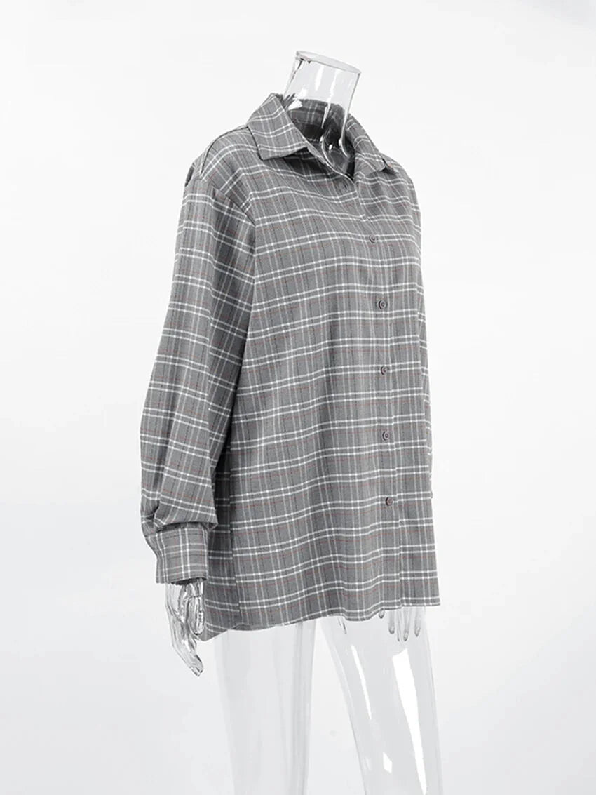 Shirts- Women Gray Plaid Shirt for Casual- - Pekosa Women Fashion