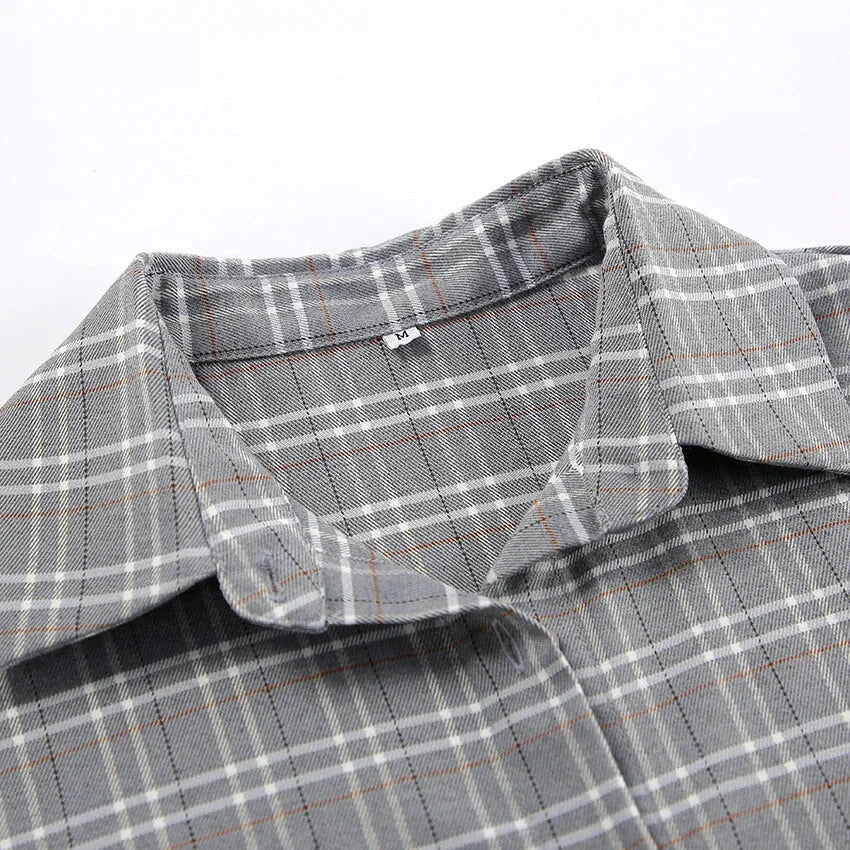 Shirts- Women Gray Plaid Shirt for Casual- - Pekosa Women Fashion