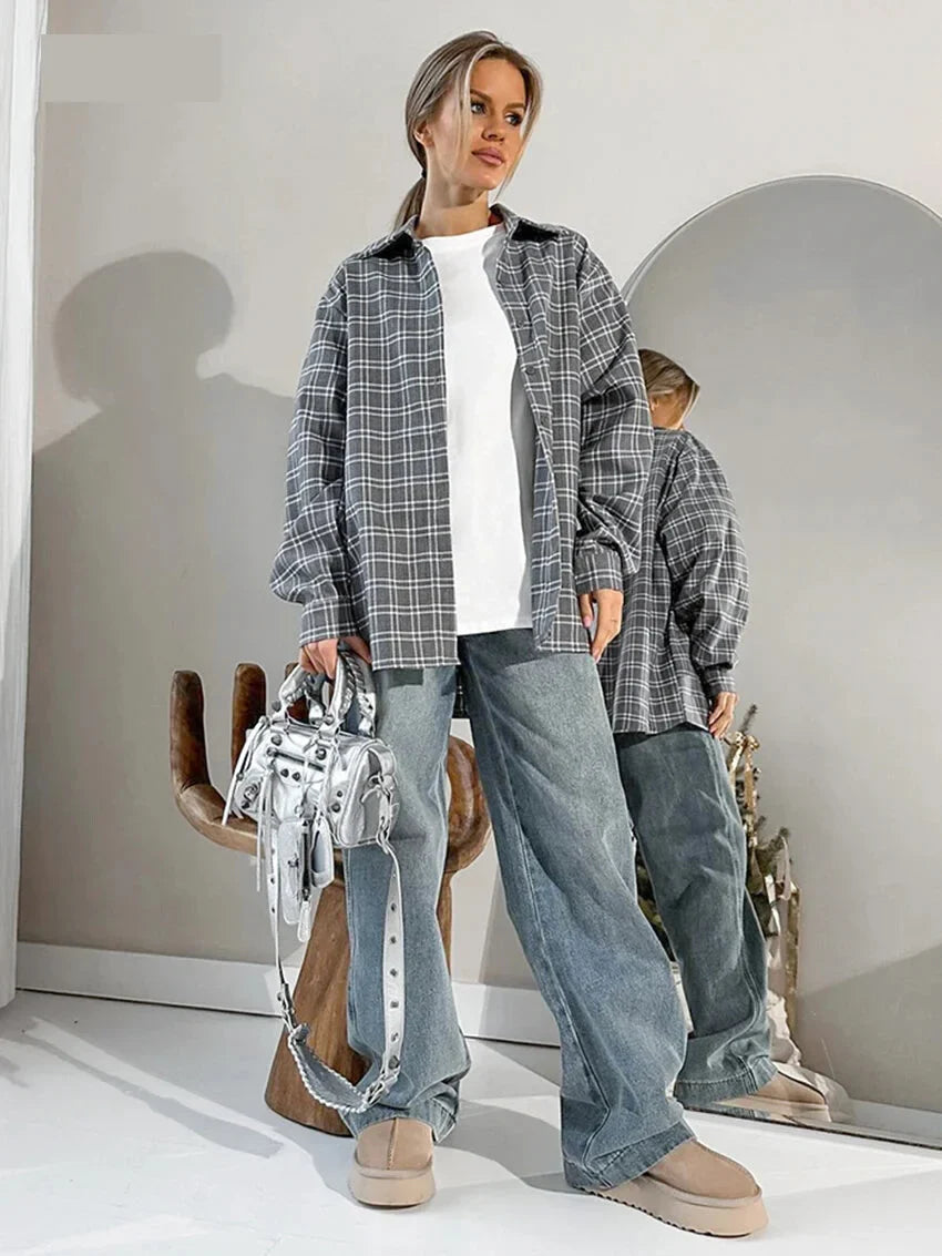 Shirts- Women Gray Plaid Shirt for Casual- - Pekosa Women Fashion