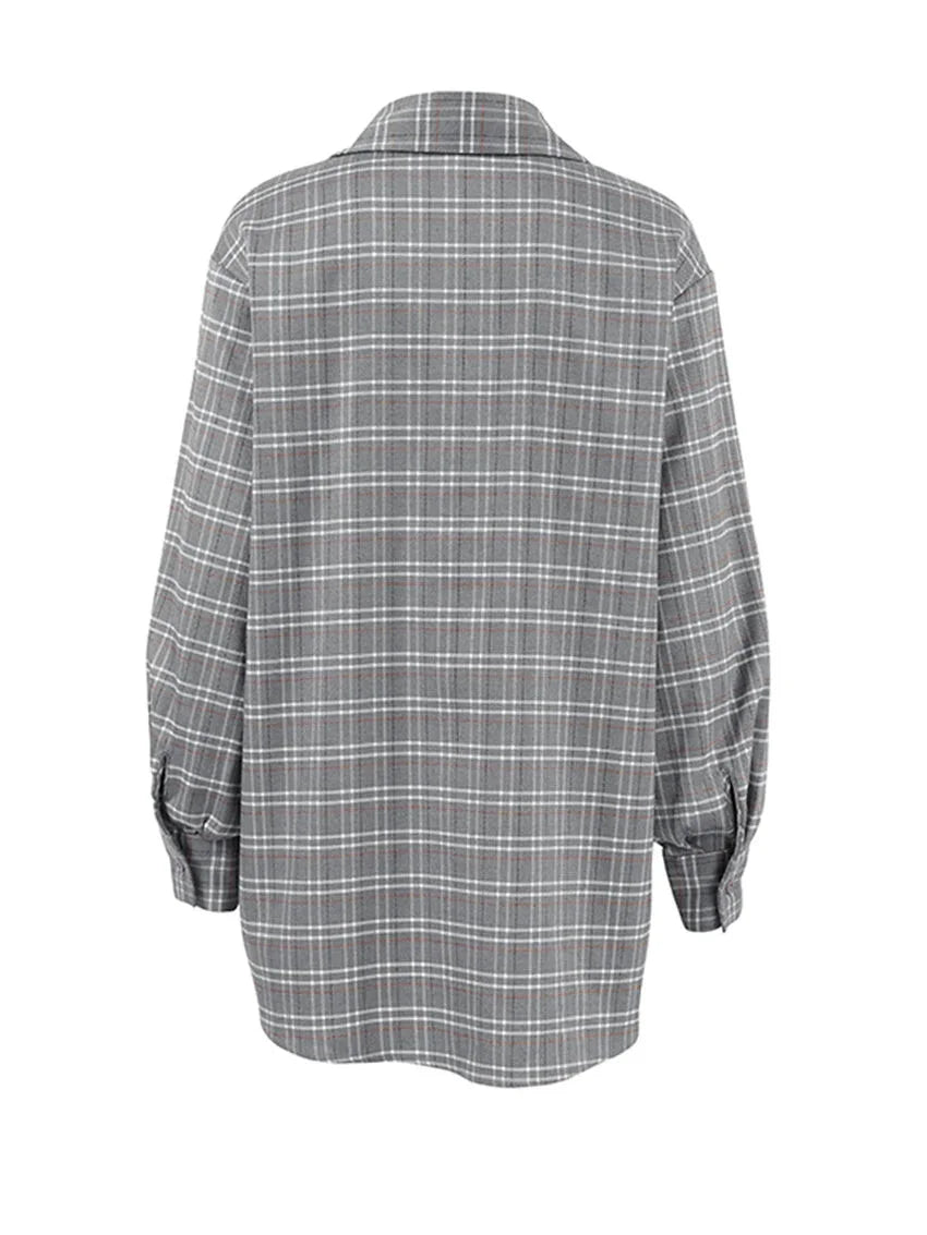 Shirts- Women Gray Plaid Shirt for Casual- - Pekosa Women Fashion