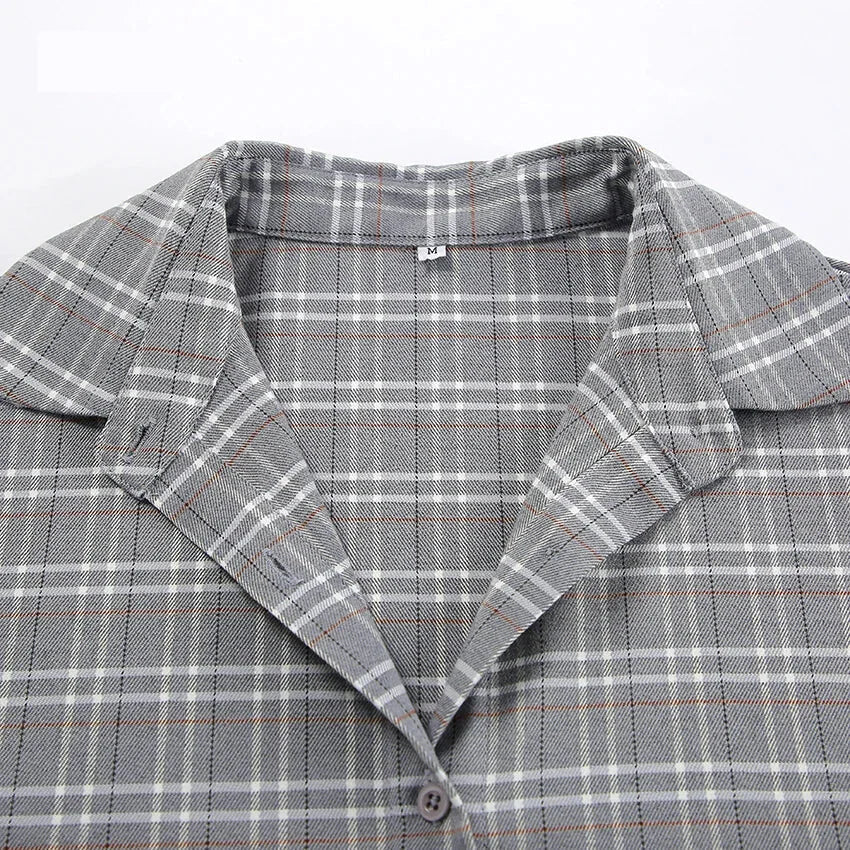 Shirts- Women Gray Plaid Shirt for Casual- - Pekosa Women Fashion