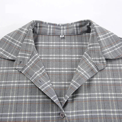 Shirts- Women Gray Plaid Shirt for Casual- - Pekosa Women Fashion