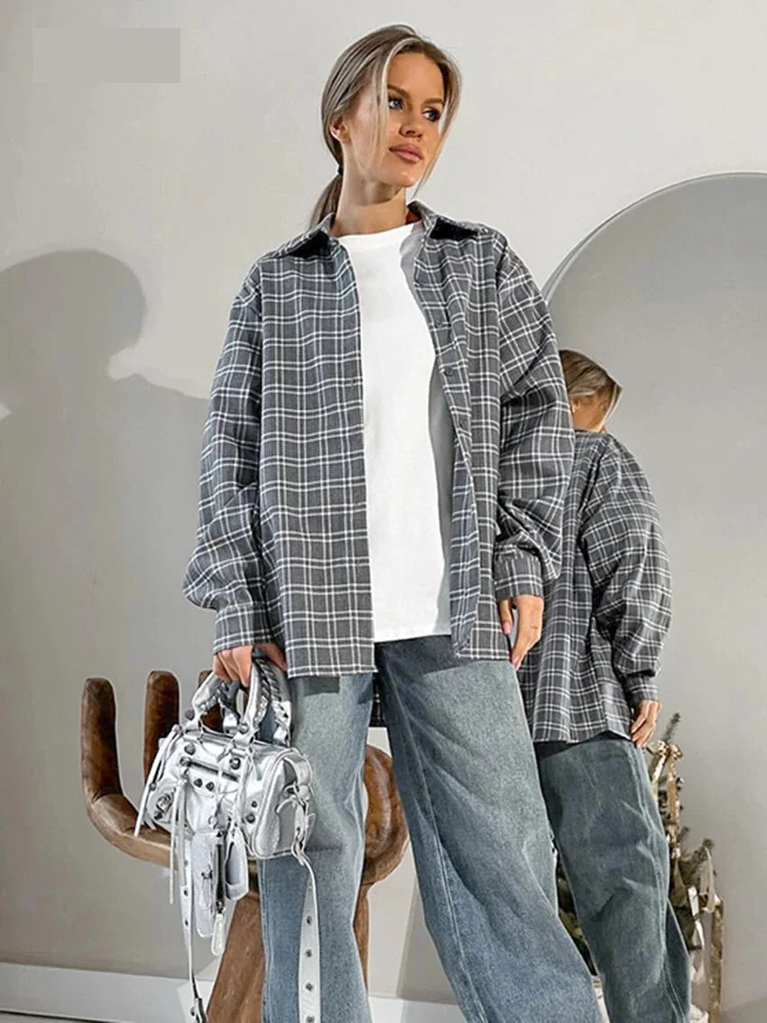 Shirts- Women Gray Plaid Shirt for Casual- - Pekosa Women Fashion