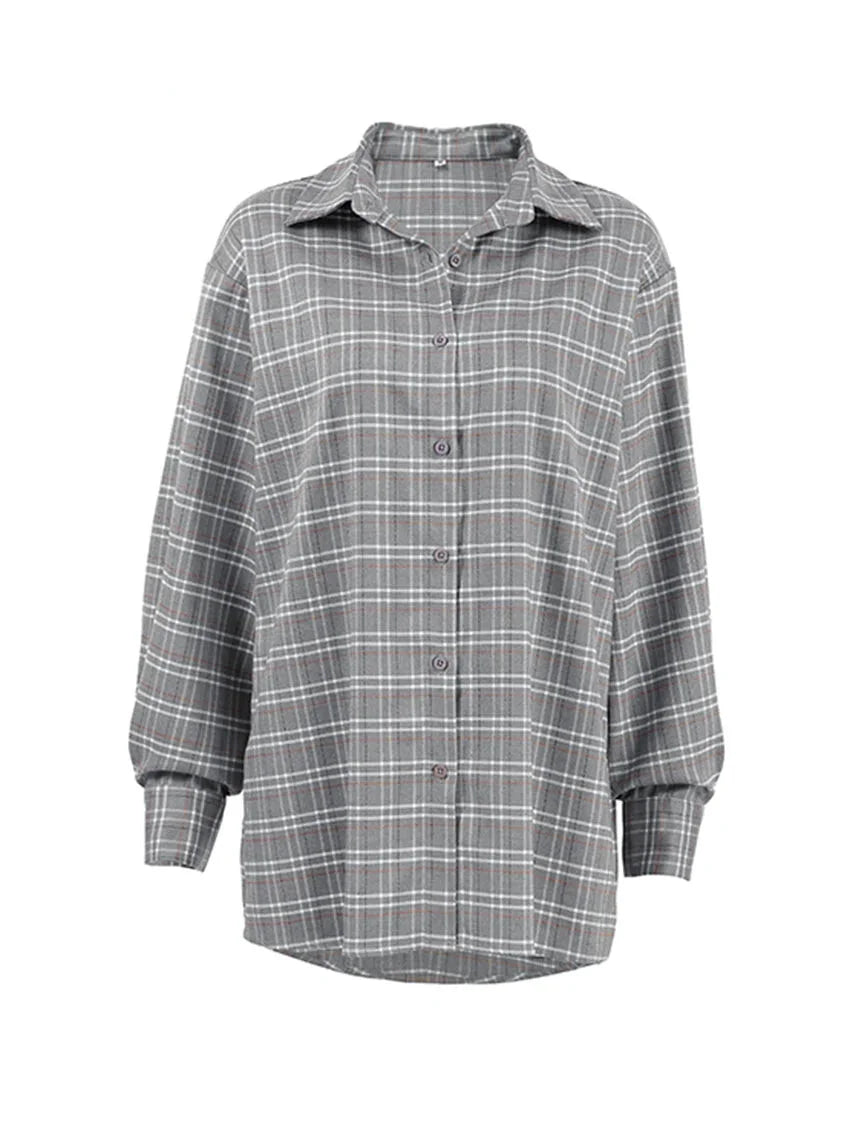 Shirts- Women Gray Plaid Shirt for Casual- - Pekosa Women Fashion