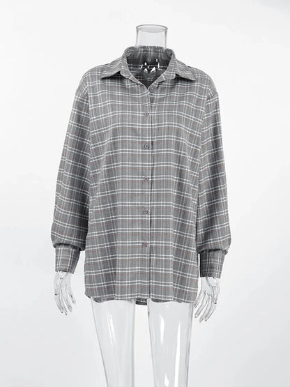 Shirts- Women Gray Plaid Shirt for Casual- - Pekosa Women Fashion