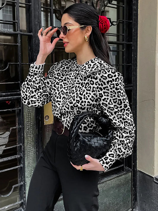 Shirts- Women's Leopard Print Peter Pan Blouse Shirt with Lantern Sleeves- Black- Pekosa Women Fashion