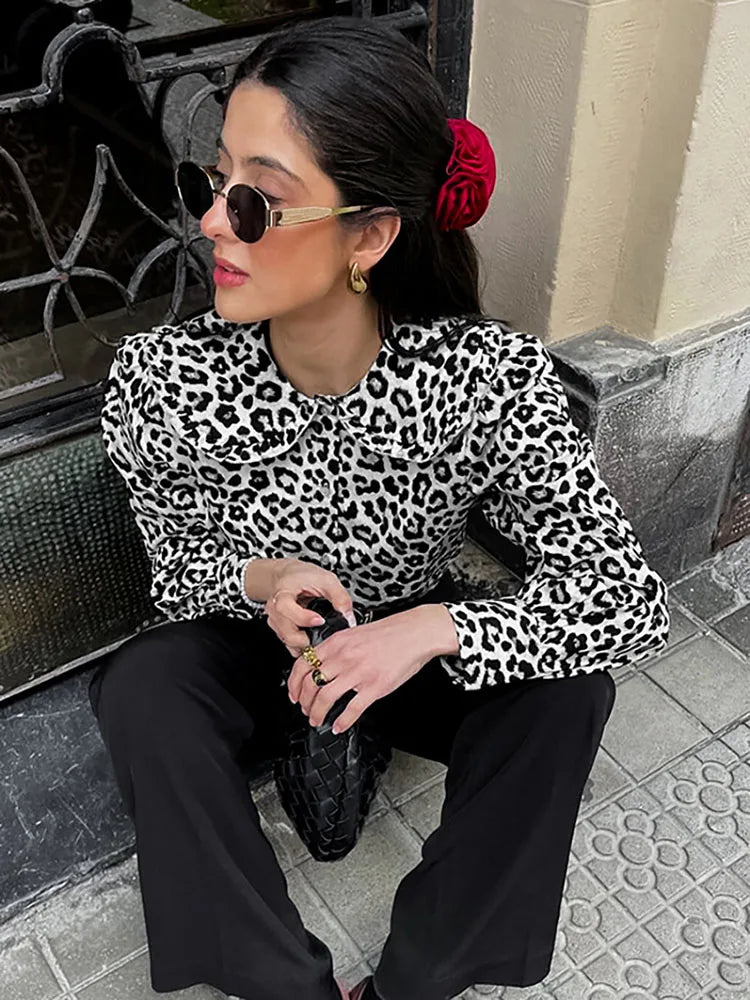 Shirts- Women's Leopard Print Peter Pan Blouse Shirt with Lantern Sleeves- - Pekosa Women Fashion