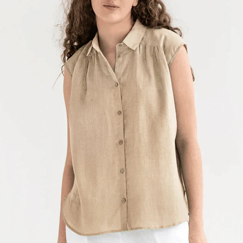 Shirts- Women's Textured Button-Up Shirt with Cap Sleeves for Women- Khaki- Pekosa Women Fashion