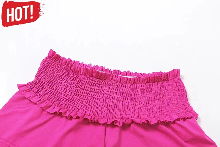 Shorts Outfit Set- Vibrant Pink Two-Piece Outfit Set Slit Sleeves - Ideal for Clubbing and Casual Wear