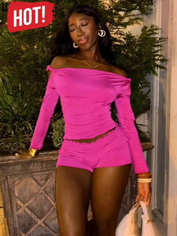 Shorts Outfit Set- Vibrant Pink Two-Piece Outfit Set Slit Sleeves - Ideal for Clubbing and Casual Wear