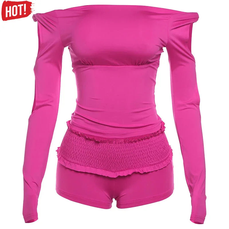 Shorts Outfit Set- Vibrant Pink Two-Piece Outfit Set Slit Sleeves - Ideal for Clubbing and Casual Wear