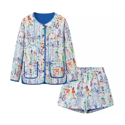 Shorts Set- Quilted Watercolor Jacket and Shorts Set for Day Trips- Blue Print- Chuzko Women Clothing