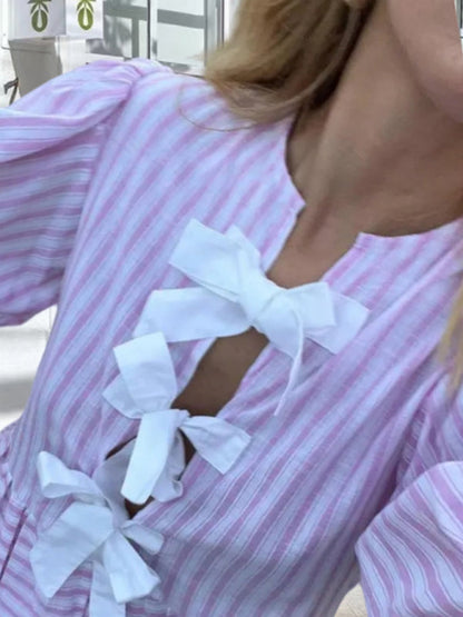 Relaxed Vacation Striped Tie-Bow Blouse & Comfy Shorts Set for Vacay