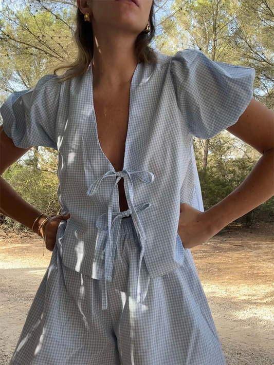 Shorts Set- Vacation Women's Summer Gingham 2-Piece Set Shorts with Tie-Up Blouse- Clear blue- Pekosa Women Fashion