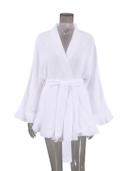 Crinkled Cotton 2-piece Shorts Set with Robe Dress