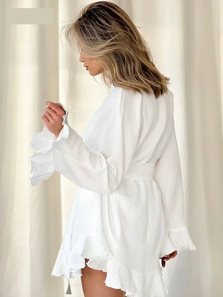 Crinkled Cotton 2-piece Shorts Set with Robe Dress